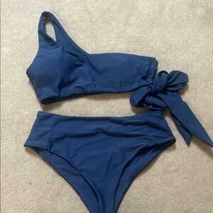 Blue One-Shoulder Mid rise Bikini Set